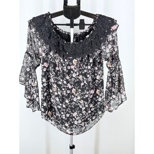 White House Black Market Floral Off Shoulder Crochet Lace Bell Sleeve Blouse  M
